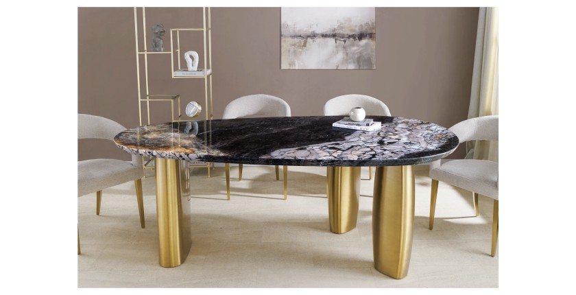 Table de salle à manger NERA – Ovale 200 cm – Plateau marbre gris – Pieds métal or – Style chic