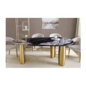 Table de salle à manger NERA – Ovale 200 cm – Plateau marbre gris – Pieds métal or – Style chic