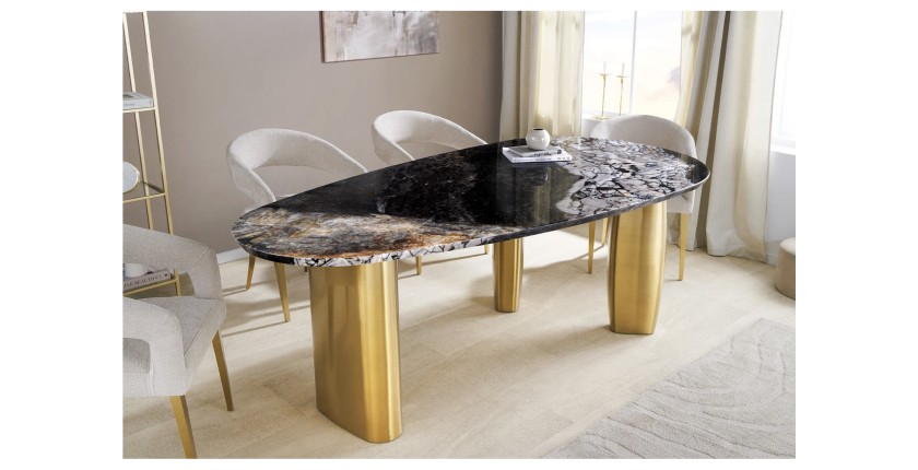 Table de salle à manger NERA – Ovale 200 cm – Plateau marbre gris – Pieds métal or – Style chic