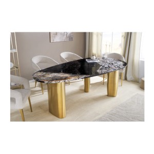 Table de salle à manger NERA – Ovale 200 cm – Plateau marbre gris – Pieds métal or – Style chic
