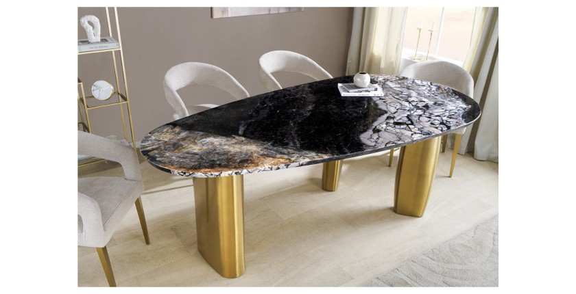 Table de salle à manger NERA – Ovale 200 cm – Plateau marbre gris – Pieds métal or – Style chic