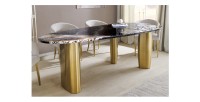 Table de salle à manger NERA – Ovale 200 cm – Plateau marbre gris – Pieds métal or – Style chic