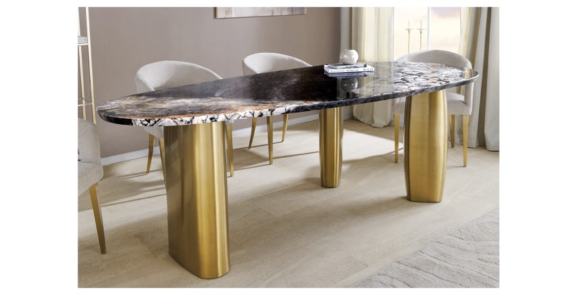 Table de salle à manger NERA – Ovale 200 cm – Plateau marbre gris – Pieds métal or – Style chic