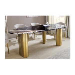 Table de salle à manger NERA – Ovale 200 cm – Plateau marbre gris – Pieds métal or – Style chic