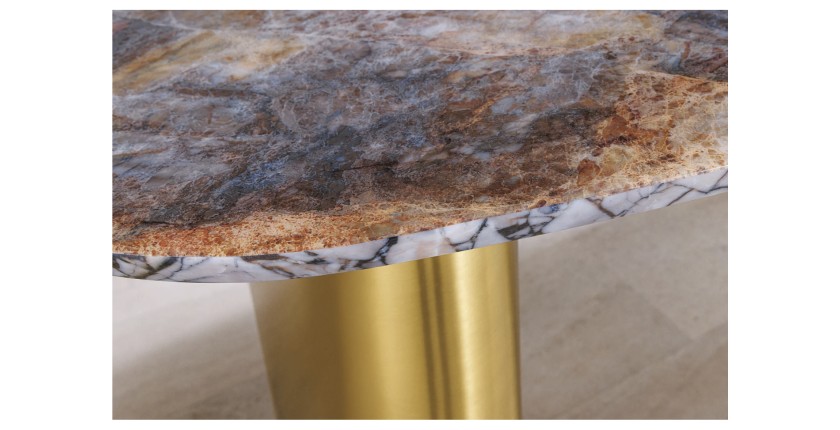 Table de salle à manger NERA – Ovale 200 cm – Plateau marbre gris – Pieds métal or – Style chic
