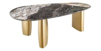 Table de salle à manger NERA – Ovale 200 cm – Plateau marbre gris – Pieds métal or – Style chic
