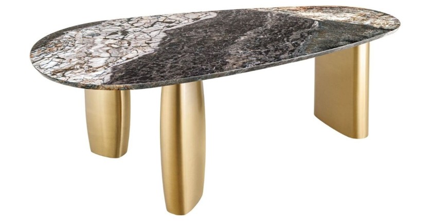 Table de salle à manger NERA – Ovale 200 cm – Plateau marbre gris – Pieds métal or – Style chic