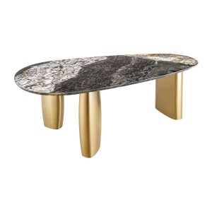 Table de salle à manger NERA – Ovale 200 cm – Plateau marbre gris – Pieds métal or – Style chic