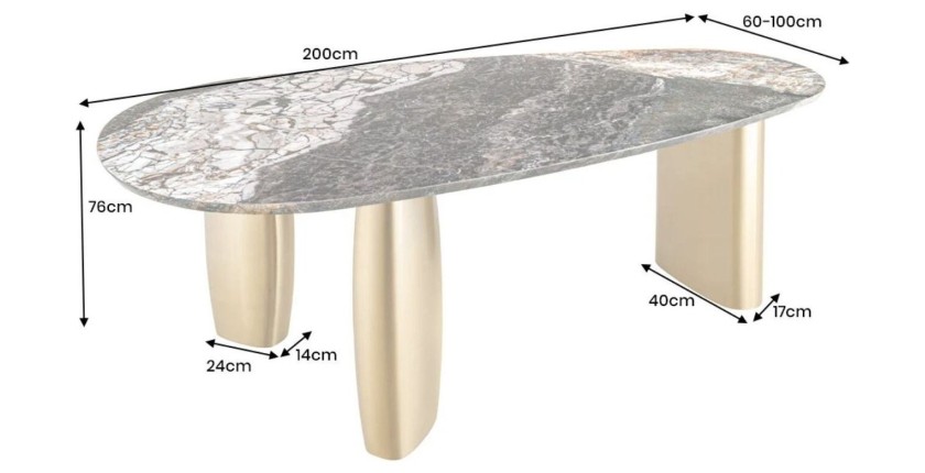 Table de salle à manger NERA – Ovale 200 cm – Plateau marbre gris – Pieds métal or – Style chic