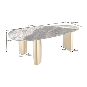 Table de salle à manger NERA – Ovale 200 cm – Plateau marbre gris – Pieds métal or – Style chic