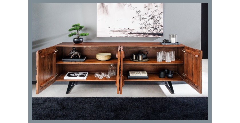 Buffet 175 cm 4 portes bois massif acacia noyer brun – Collection AXIS