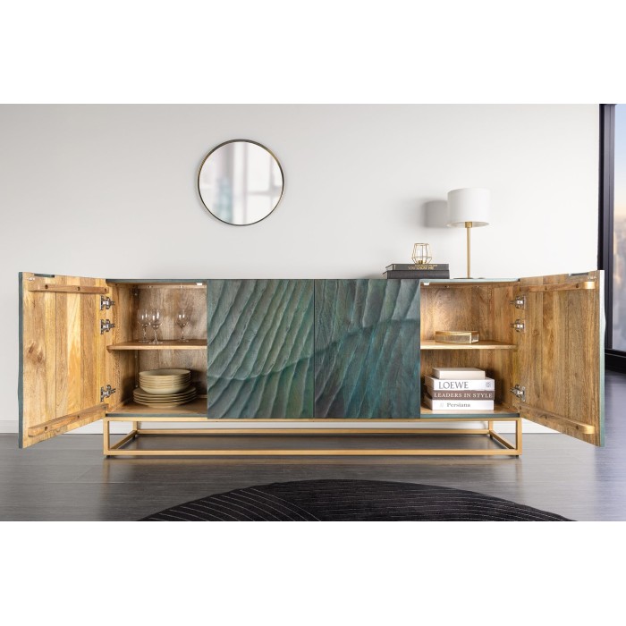 Buffet LUMBER 180 cm – Bois sculpté turquoise et doré, style design contemporain