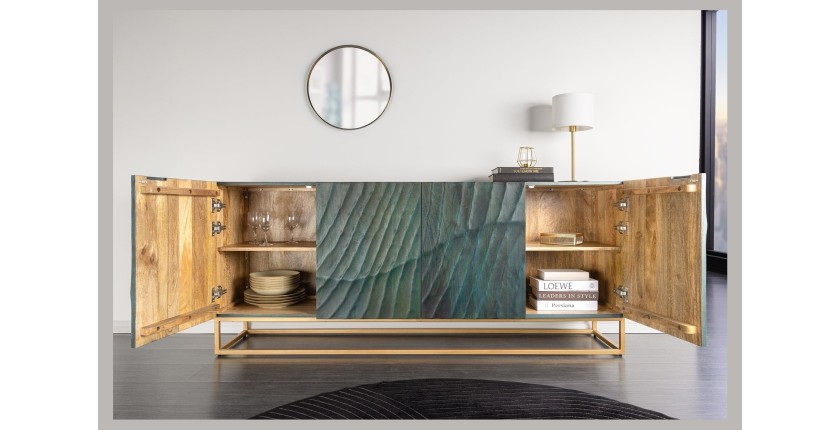 Buffet LUMBER 180 cm – Bois sculpté turquoise et doré, style design contemporain