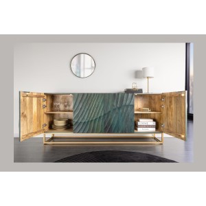 Buffet LUMBER 180 cm – Bois sculpté turquoise et doré, style design contemporain