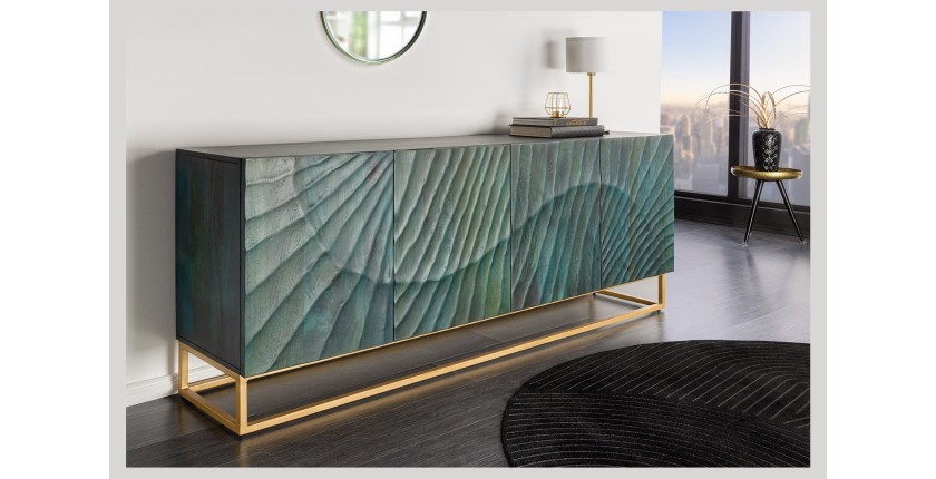 Buffet LUMBER 180 cm – Bois sculpté turquoise et doré, style design contemporain
