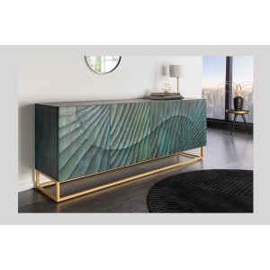 Buffet LUMBER 180 cm – Bois sculpté turquoise et doré, style design contemporain
