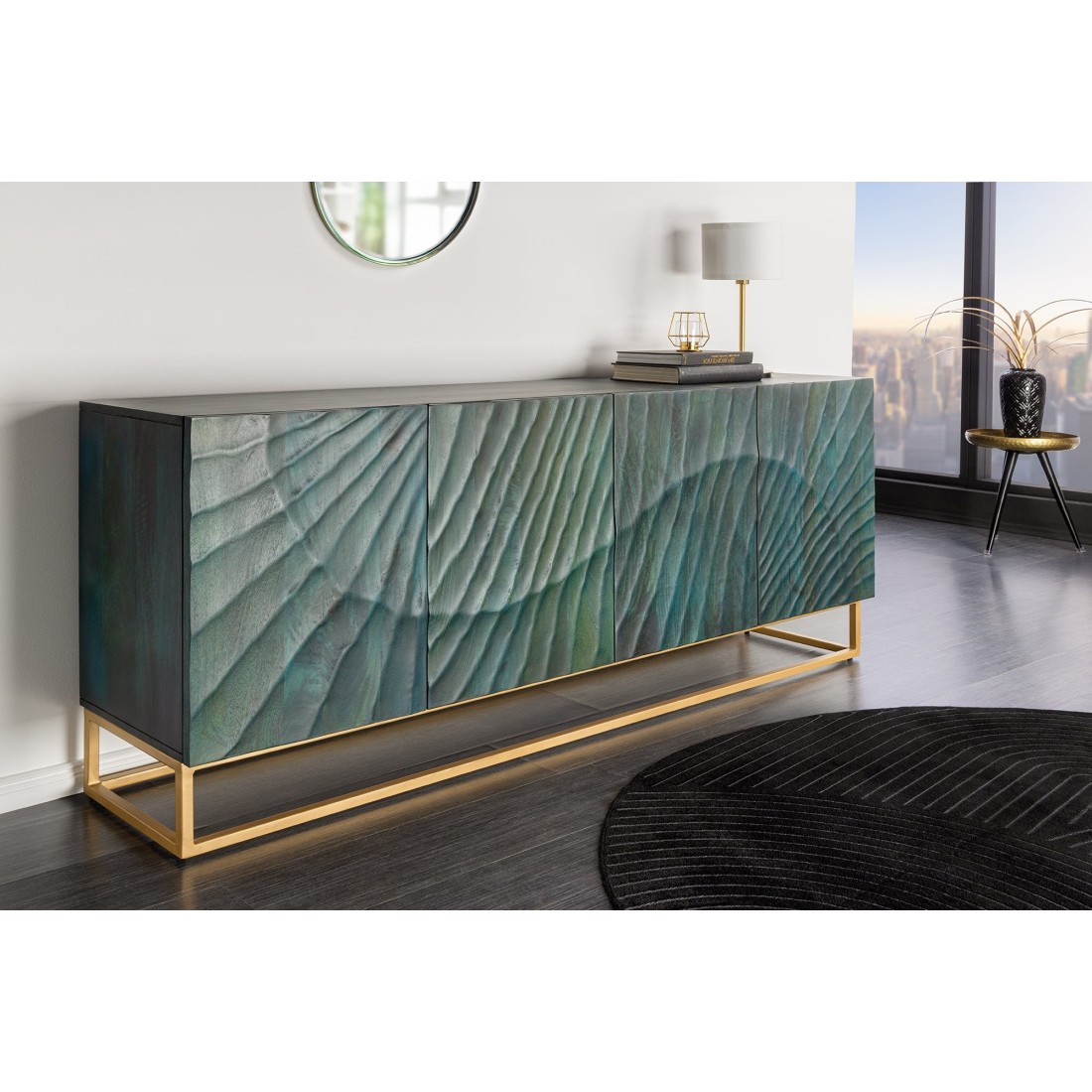 Buffet LUMBER 180 cm – Bois sculpté turquoise et doré, style design contemporain