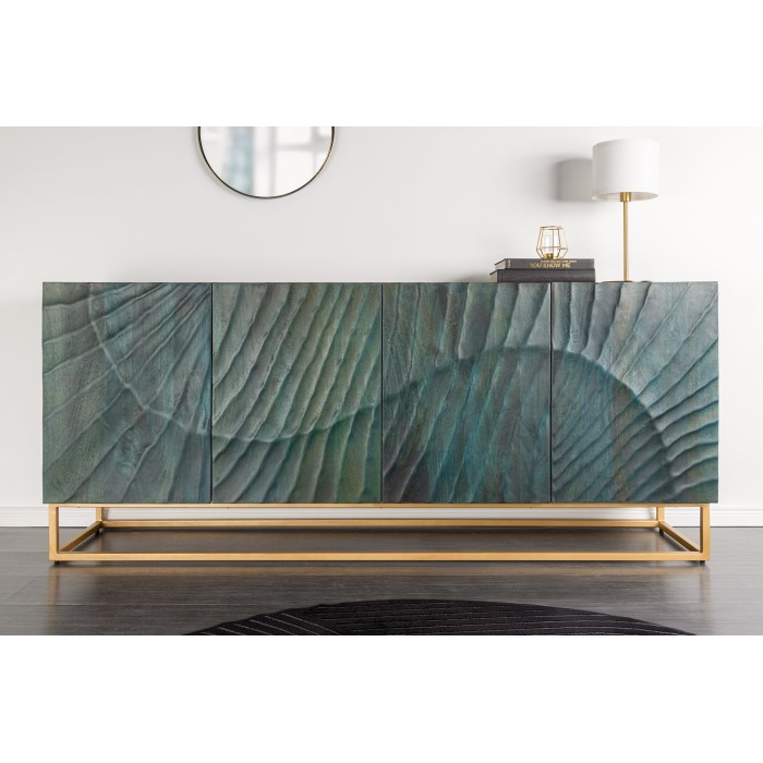 Buffet LUMBER 180 cm – Bois sculpté turquoise et doré, style design contemporain