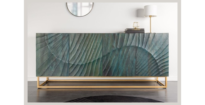 Buffet LUMBER 180 cm – Bois sculpté turquoise et doré, style design contemporain