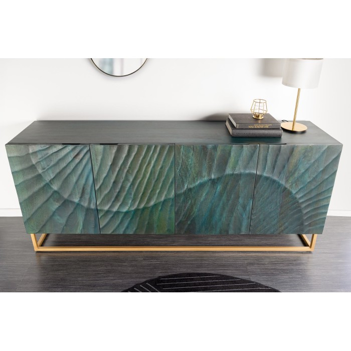 Buffet LUMBER 180 cm – Bois sculpté turquoise et doré, style design contemporain