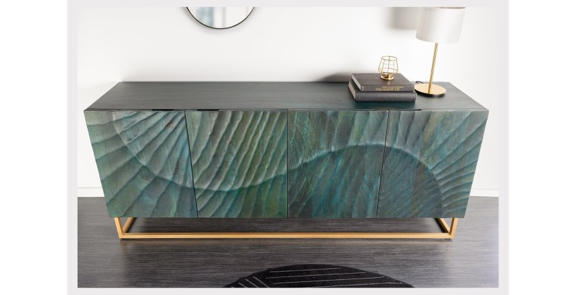 Buffet LUMBER 180 cm – Bois sculpté turquoise et doré, style design contemporain