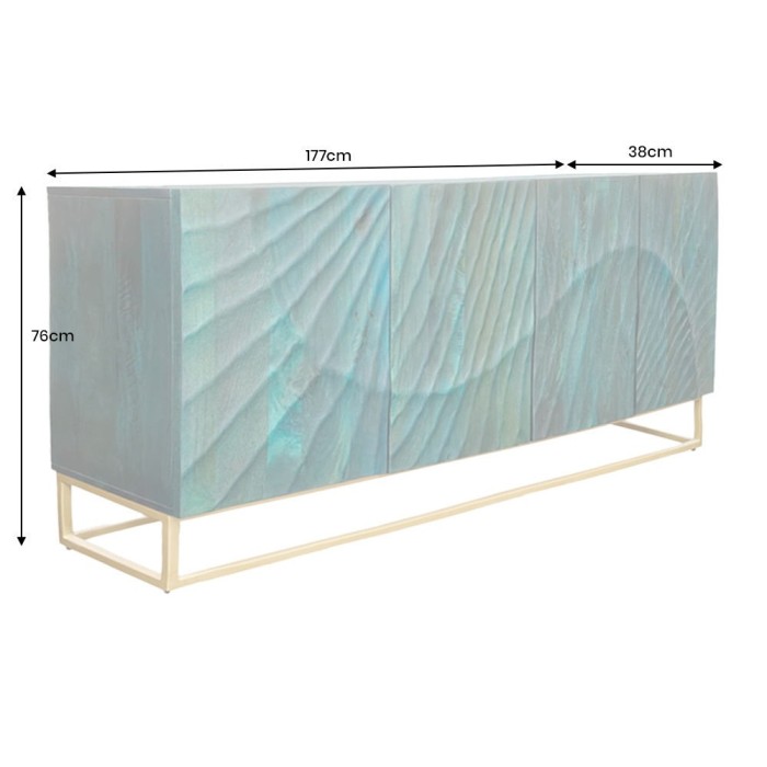 Buffet LUMBER 180 cm – Bois sculpté turquoise et doré, style design contemporain