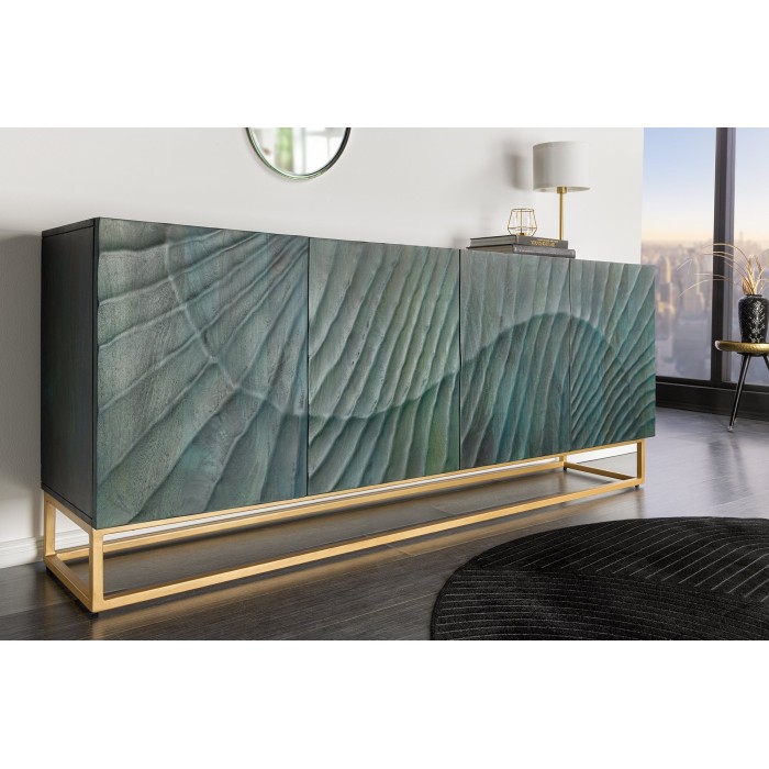 Buffet LUMBER 180 cm – Bois sculpté turquoise et doré, style design contemporain