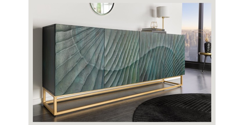 Buffet LUMBER 180 cm – Bois sculpté turquoise et doré, style design contemporain