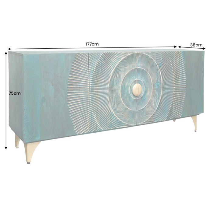 Buffet SOLARIS 180 cm en bois massif sculpté bleu et doré – 4 portes