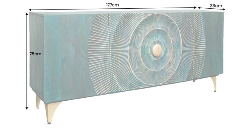 Buffet SOLARIS 180 cm en bois massif sculpté bleu et doré – 4 portes