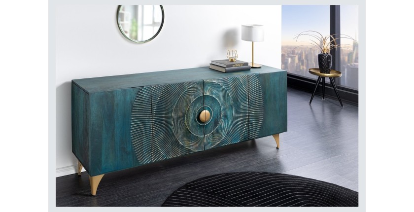 Buffet SOLARIS 180 cm en bois massif sculpté bleu et doré – 4 portes