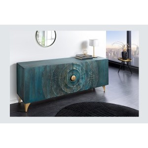 Buffet SOLARIS 180 cm en bois massif sculpté bleu et doré – 4 portes