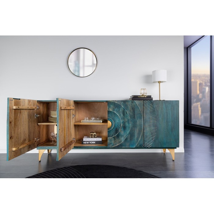 Buffet SOLARIS 180 cm en bois massif sculpté bleu et doré – 4 portes