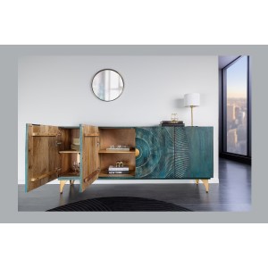 Buffet SOLARIS 180 cm en bois massif sculpté bleu et doré – 4 portes