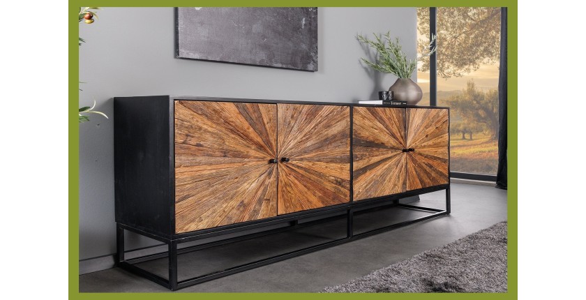 Buffet RAOKA 180 cm en bois massif de manguier et teck – Motif solaire sculpté