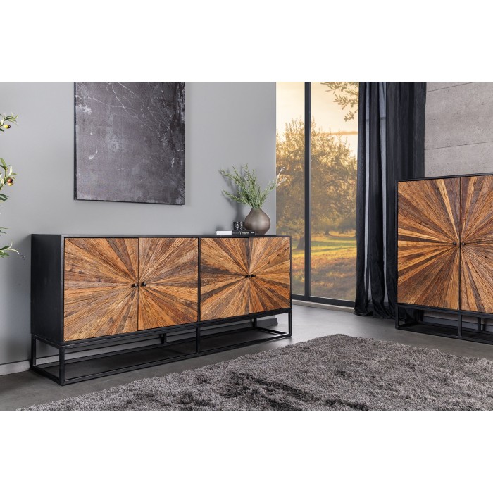 Buffet RAOKA 180 cm en bois massif de manguier et teck – Motif solaire sculpté