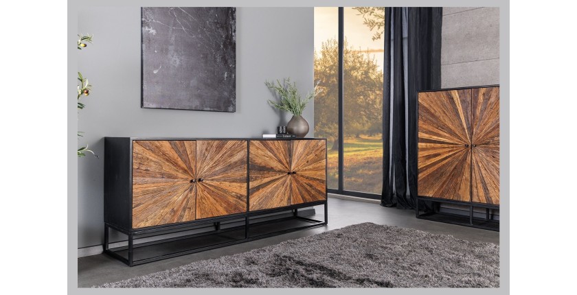 Buffet RAOKA 180 cm en bois massif de manguier et teck – Motif solaire sculpté