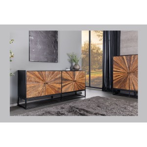 Buffet RAOKA 180 cm en bois massif de manguier et teck – Motif solaire sculpté