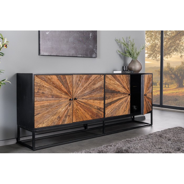 Buffet RAOKA 180 cm en bois massif de manguier et teck – Motif solaire sculpté