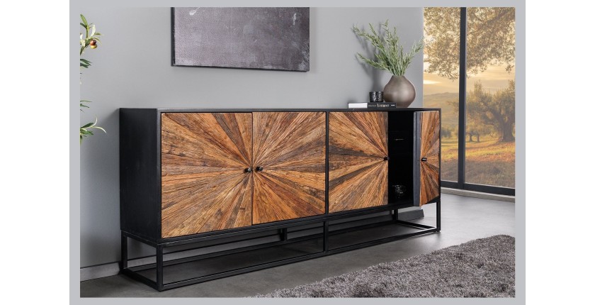 Buffet RAOKA 180 cm en bois massif de manguier et teck – Motif solaire sculpté