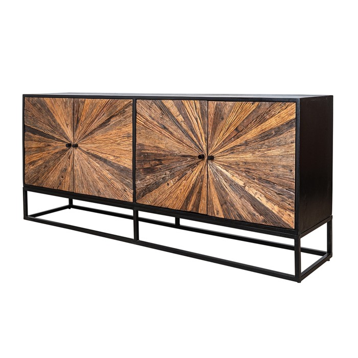 Buffet RAOKA 180 cm en bois massif de manguier et teck – Motif solaire sculpté