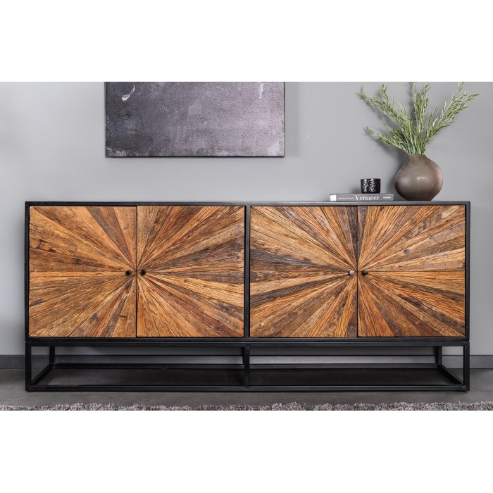 Buffet RAOKA 180 cm en bois massif de manguier et teck – Motif solaire sculpté