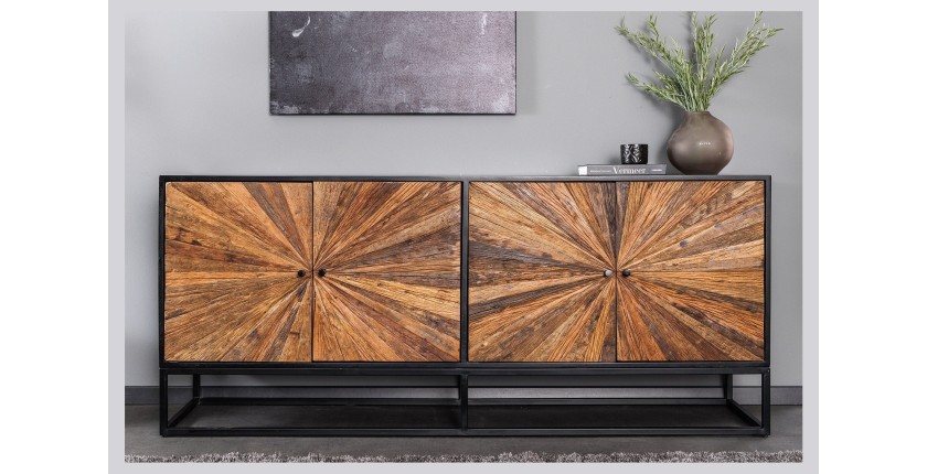 Buffet RAOKA 180 cm en bois massif de manguier et teck – Motif solaire sculpté