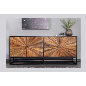 Buffet RAOKA 180 cm en bois massif de manguier et teck – Motif solaire sculpté