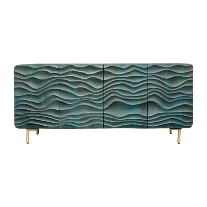 Buffet ONDARA 160 cm – Bois Massif Vert Sculpté – Pieds Dorés – Design Contemporain