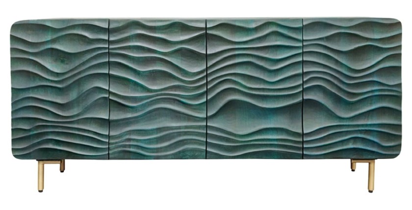 Buffet ONDARA 160 cm – Bois Massif Vert Sculpté – Pieds Dorés – Design Contemporain