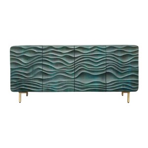 Buffet ONDARA 160 cm – Bois Massif Vert Sculpté – Pieds Dorés – Design Contemporain