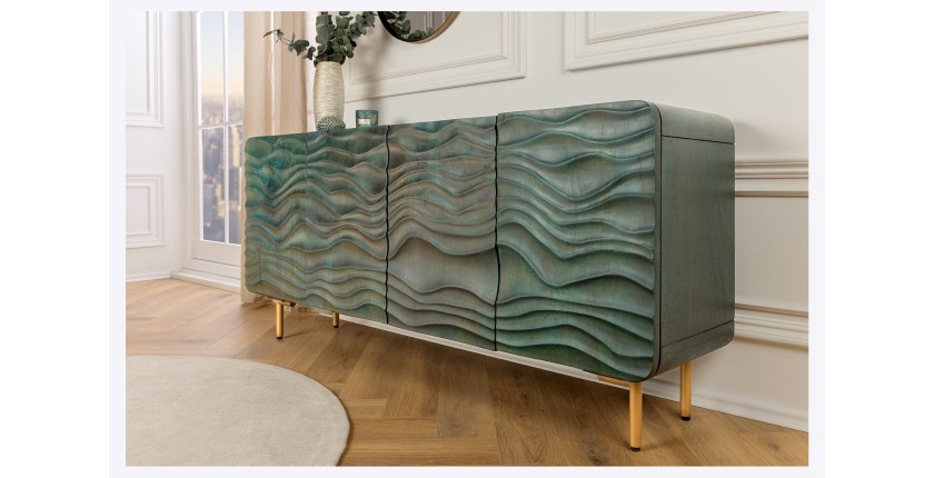 Buffet ONDARA 160 cm – Bois Massif Vert Sculpté – Pieds Dorés – Design Contemporain