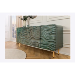 Buffet ONDARA 160 cm – Bois Massif Vert Sculpté – Pieds Dorés – Design Contemporain