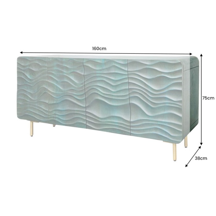 Buffet ONDARA 160 cm – Bois Massif Vert Sculpté – Pieds Dorés – Design Contemporain